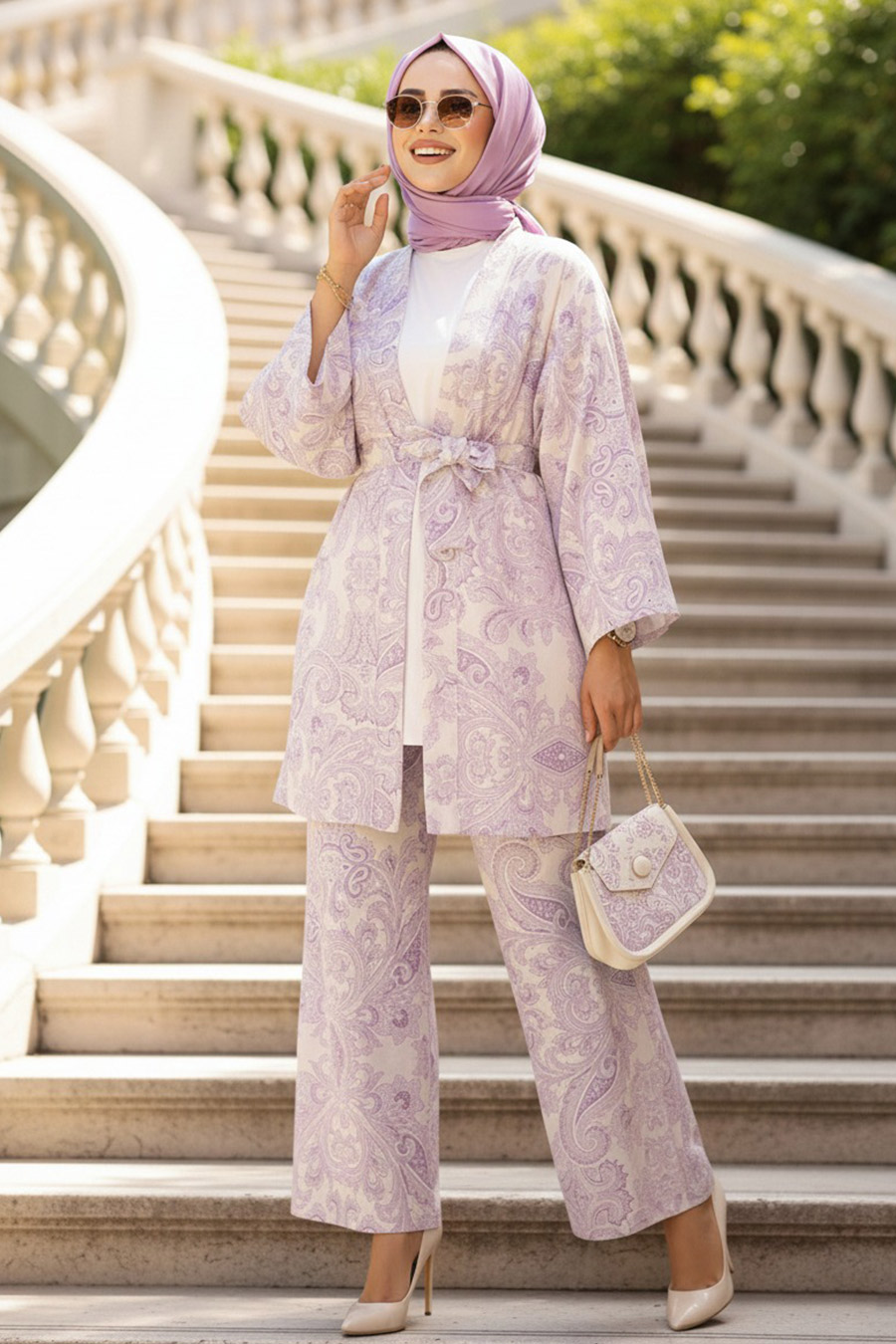 Desenli Lila Tesettür İkili Kimono Takım 12122LILA