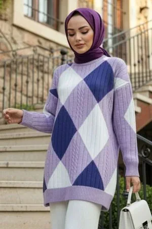 Desenli Lila Tesettür Triko Kazak 8228LILA 