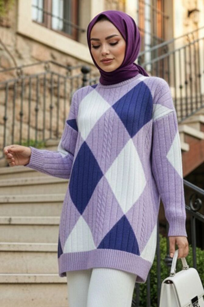 Desenli Lila Tesettür Triko Kazak 8228LILA - 1