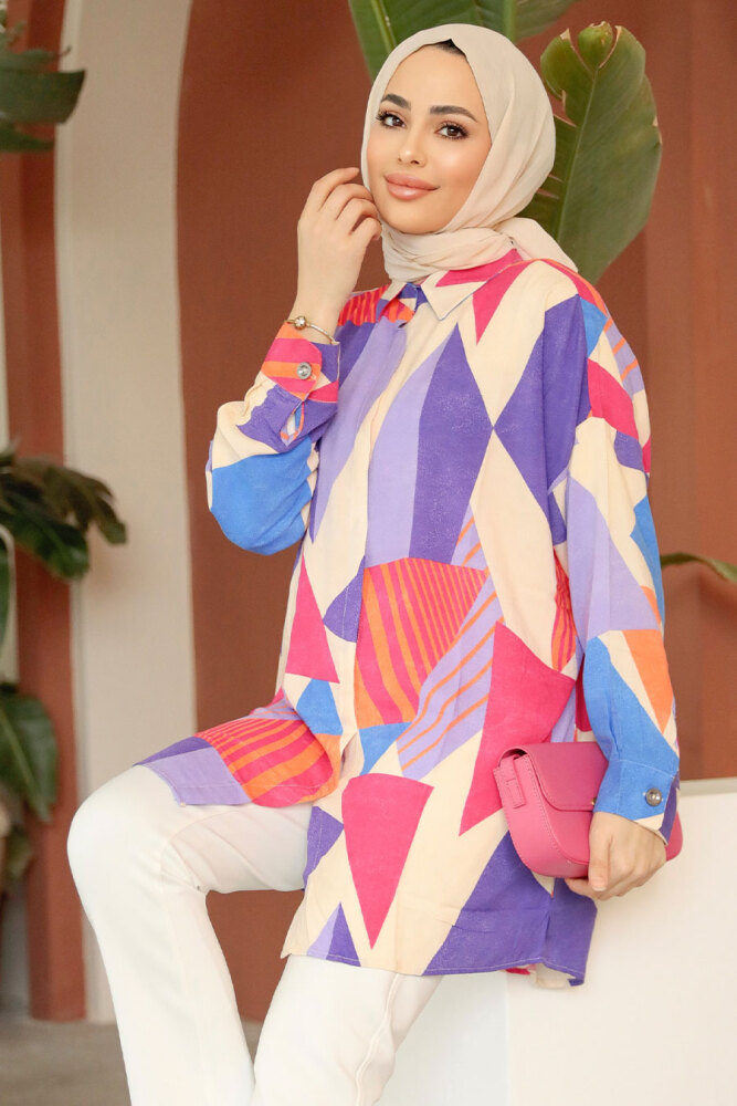 Desenli Lila Tesettür Tunik 11682LILA - 1
