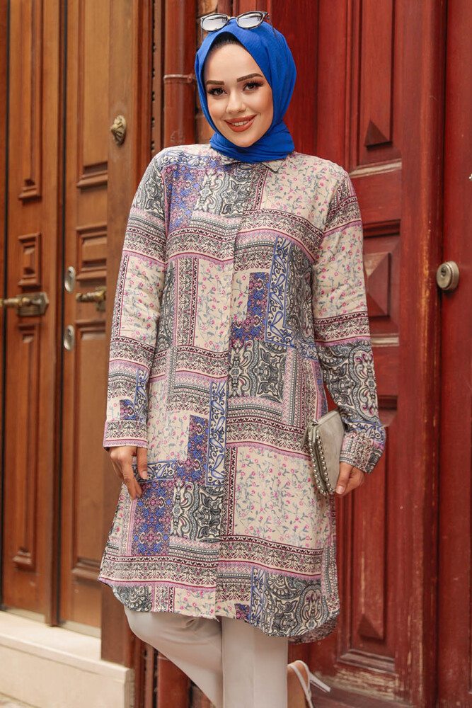 Desenli Lila Tesettür Tunik 25024LILA - 1