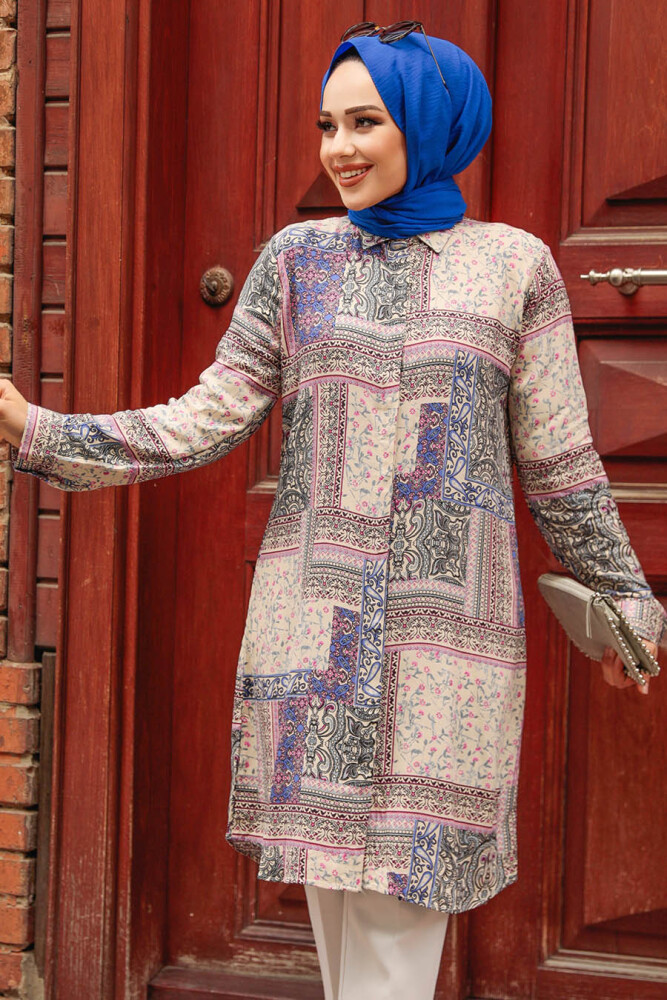 Desenli Lila Tesettür Tunik 25024LILA - 2
