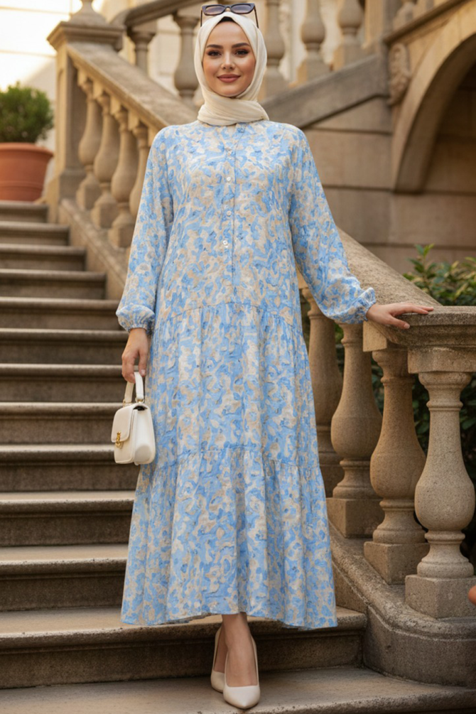 Desenli Mavi Tesettür Elbise 63403M - N.S NEVA STYLE