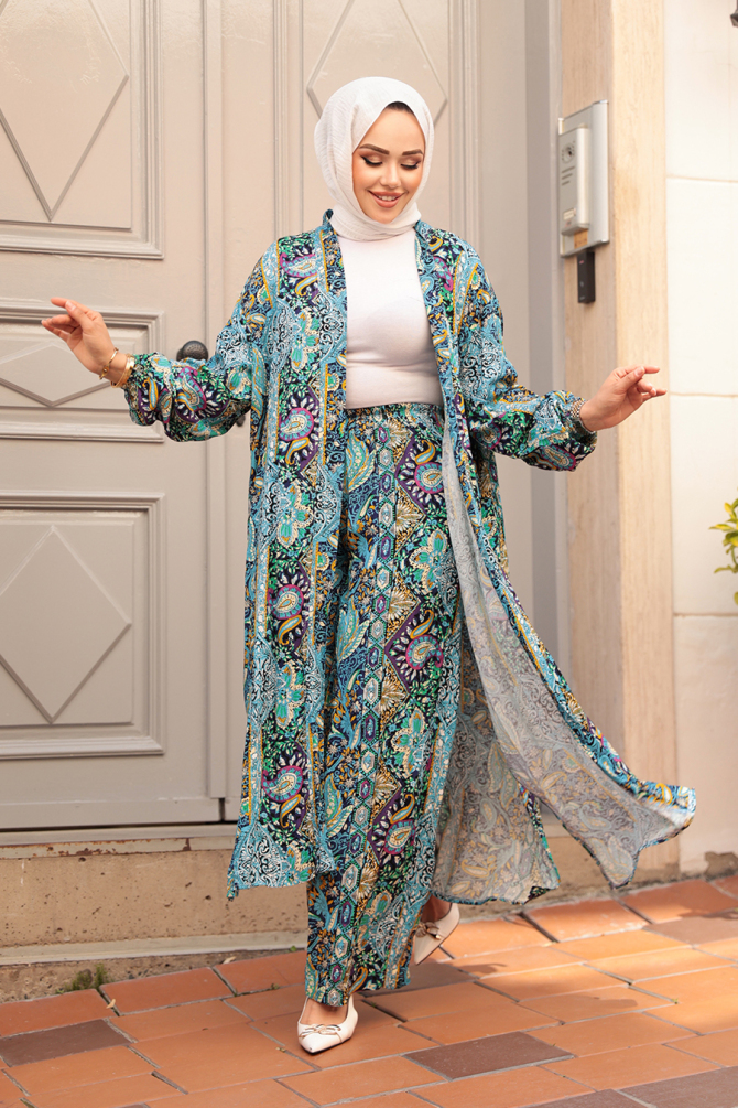 Desenli Mavi Tesettür İkili Kimono Takım 12885M - 2