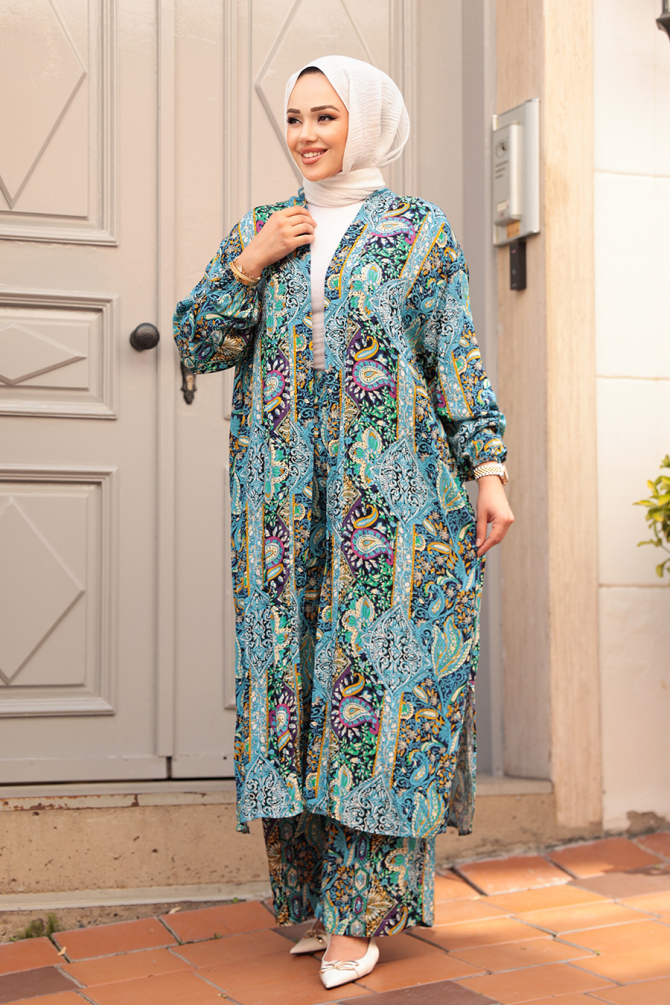 Desenli Mavi Tesettür İkili Kimono Takım 12885M - 1