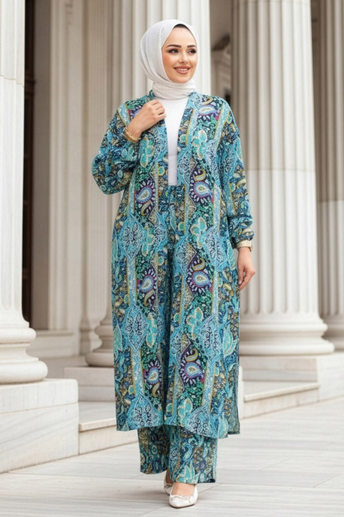 Desenli Mavi Tesettür İkili Kimono Takım 12885M - 1