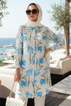 Desenli Mavi Tesettür Tunik 11749M 