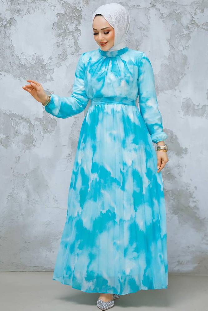 Desenli Mint Tesettür Elbise 34469MINT - 1