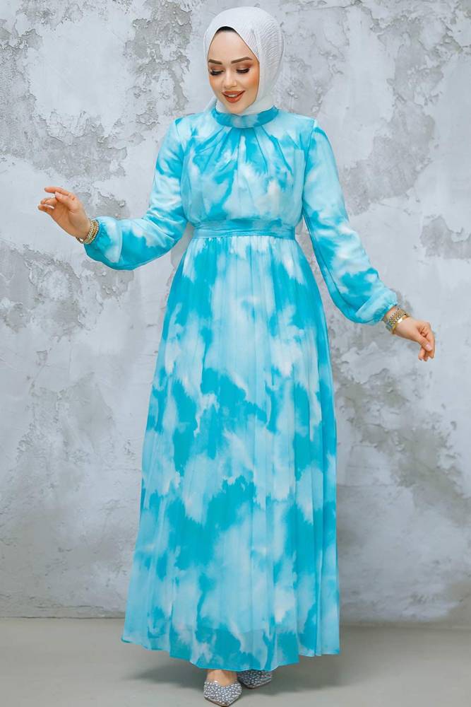 Desenli Mint Tesettür Elbise 34469MINT - 2