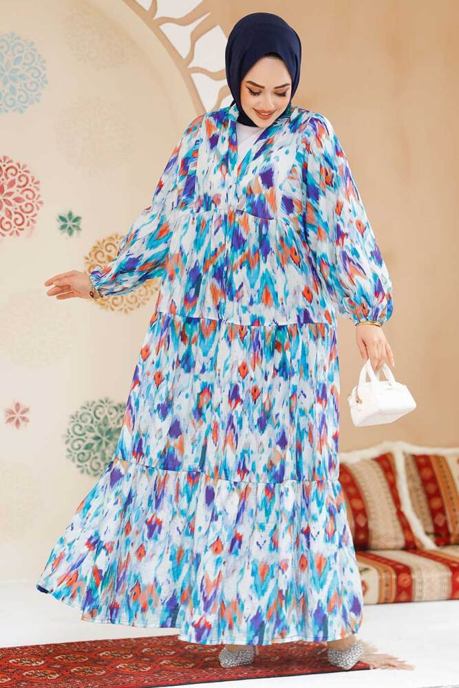 Desenli Mint Tesettür Elbise 536296MINT - 2