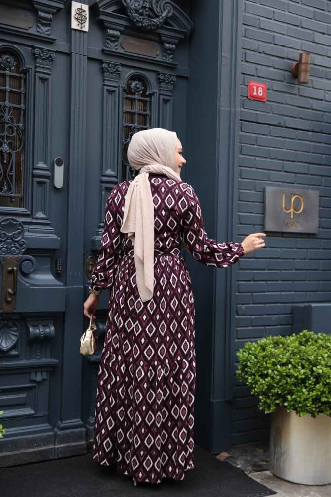 Desenli Mürdüm Tesettür Elbise 23924MU - 3