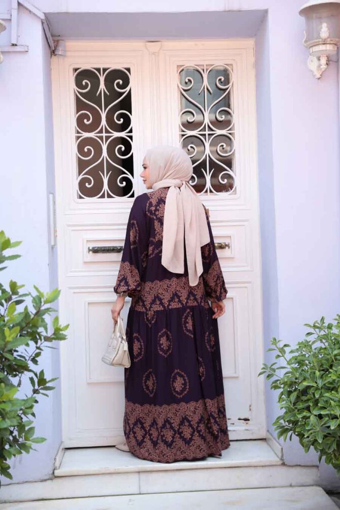 Desenli Mürdüm Tesettür Elbise 24014MU - 4