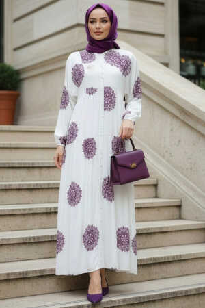 Desenli Mürdüm Tesettür Elbise 24016MU 