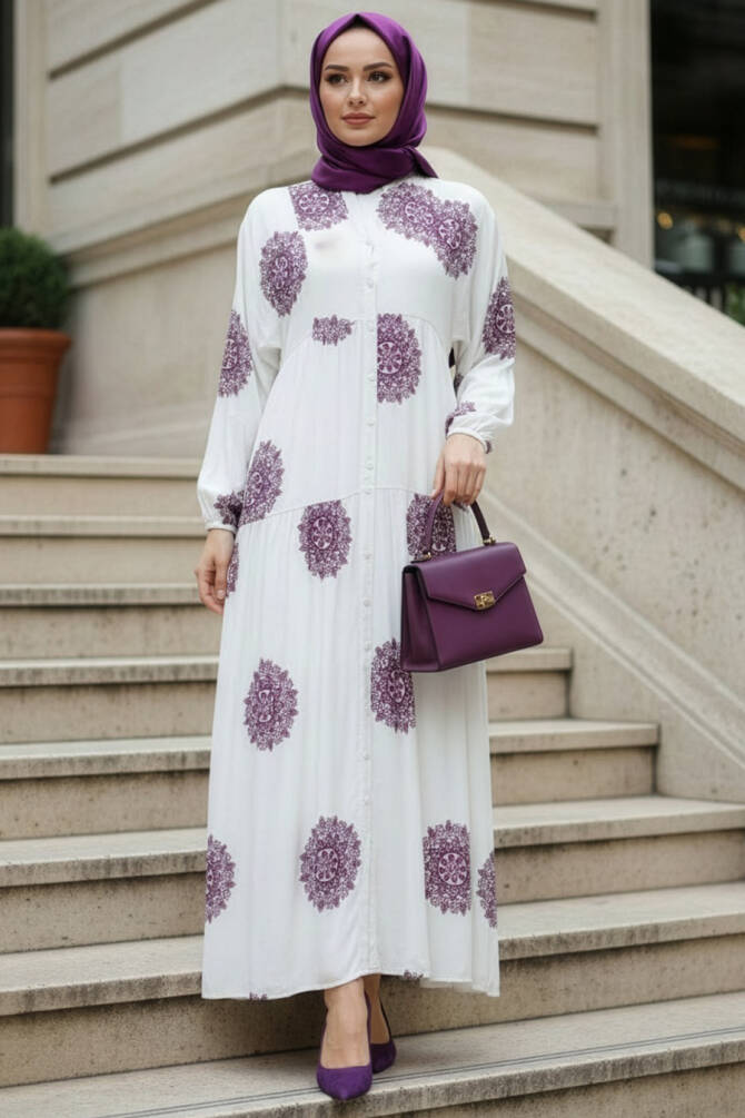 Desenli Mürdüm Tesettür Elbise 24016MU - 1