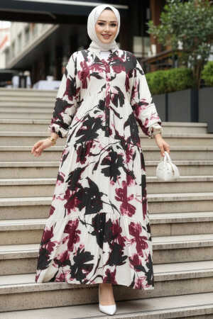 Desenli Mürdüm Tesettür Elbise 24061MU - 1
