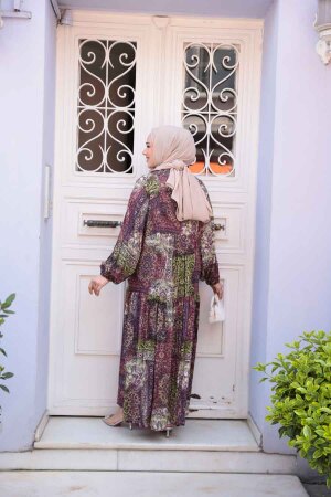 Desenli Mürdüm Tesettür Elbise 52943MU - 4