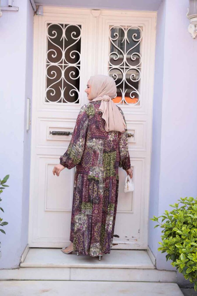 Desenli Mürdüm Tesettür Elbise 52943MU - 4