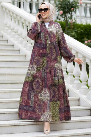 Desenli Mürdüm Tesettür Elbise 52943MU 