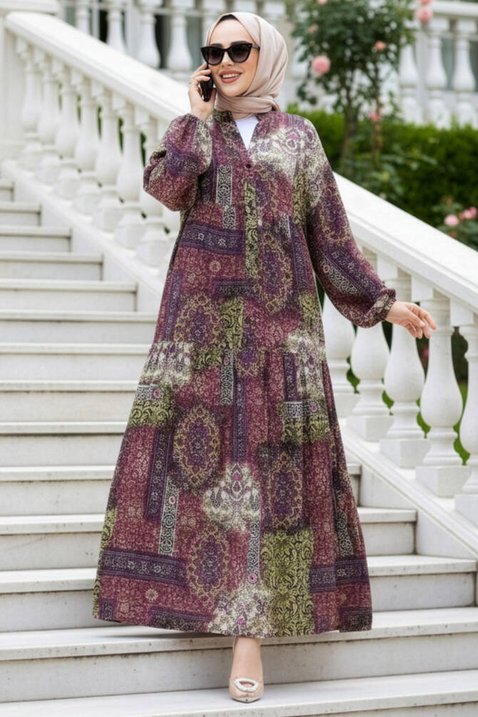 Desenli Mürdüm Tesettür Elbise 52943MU - 1