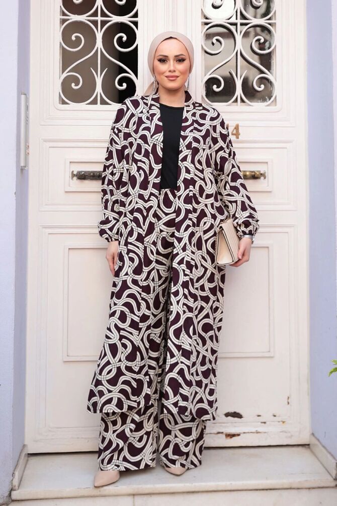 Desenli Mürdüm Tesettür İkili Kimono Takım 12881MU - 1