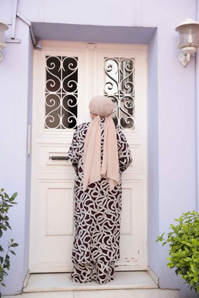 Desenli Mürdüm Tesettür İkili Kimono Takım 12881MU - 3