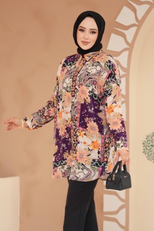 Desenli Mürdüm Tesettür Tunik 20414MU - 2