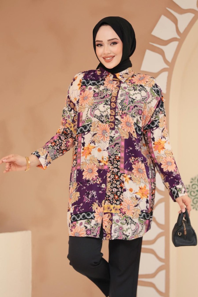 Desenli Mürdüm Tesettür Tunik 20414MU - NEVA STYLE