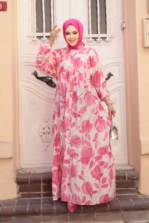 Desenli Pembe Tesettür Elbise 19035P - 2
