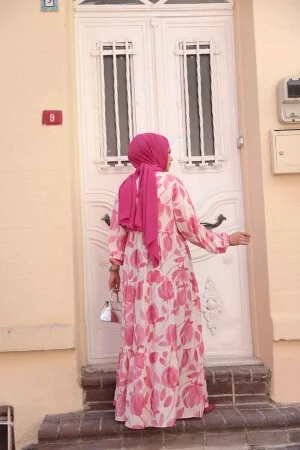 Desenli Pembe Tesettür Elbise 19035P - 3