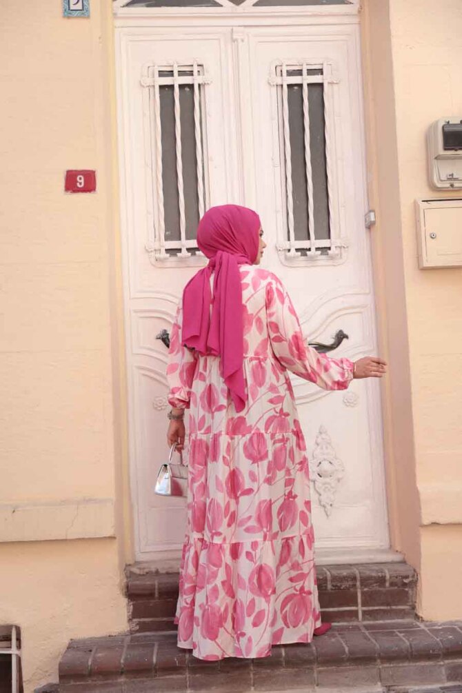 Desenli Pembe Tesettür Elbise 19035P - 3