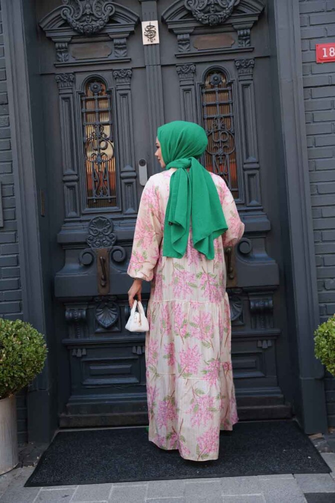 Desenli Pembe Tesettür Elbise 710502P - 5