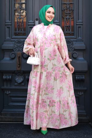 Desenli Pembe Tesettür Elbise 710502P - 1