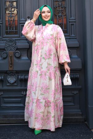 Desenli Pembe Tesettür Elbise 710502P - 3