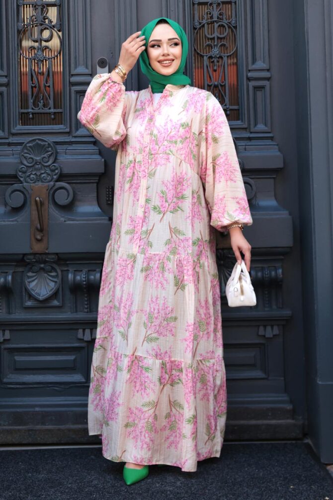 Desenli Pembe Tesettür Elbise 710502P - 3
