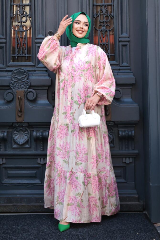Desenli Pembe Tesettür Elbise 710502P - 4