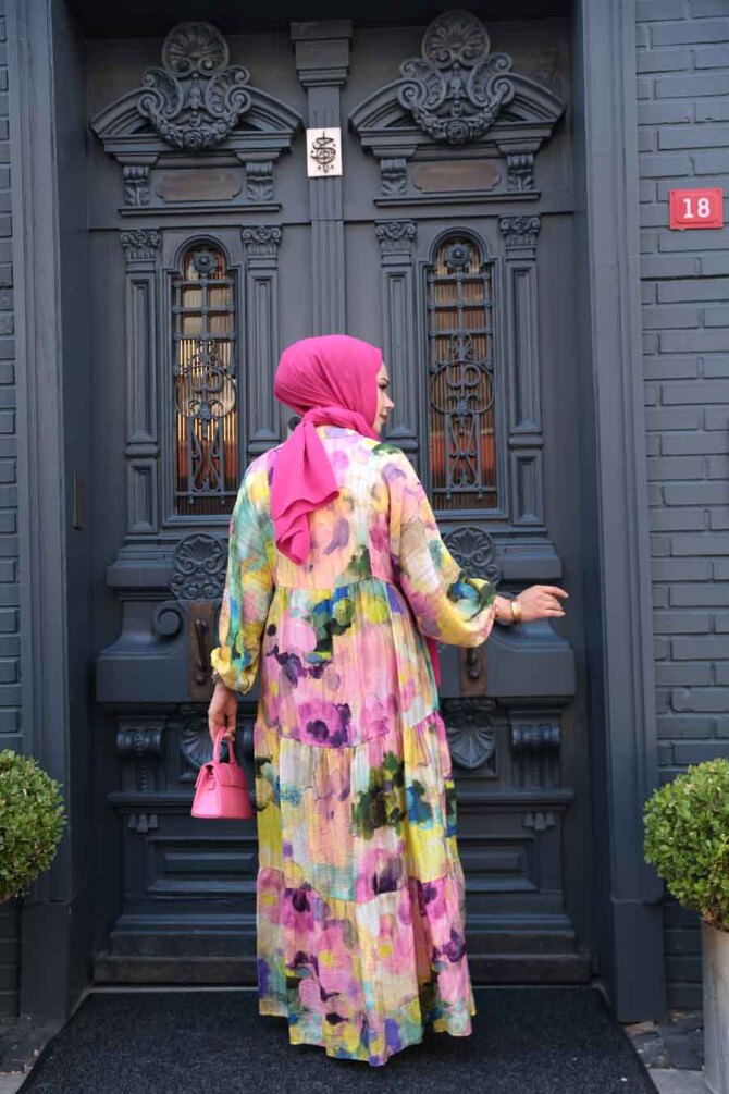 Desenli Pembe Tesettür Elbise 710506P - 4