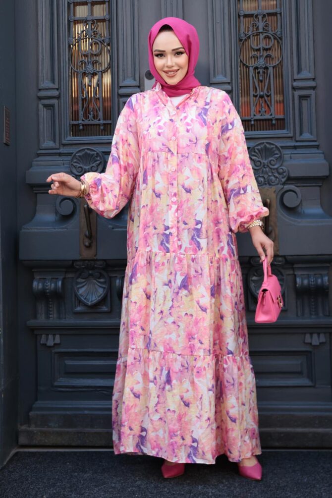 Desenli Pembe Tesettür Elbise 710507P - 2