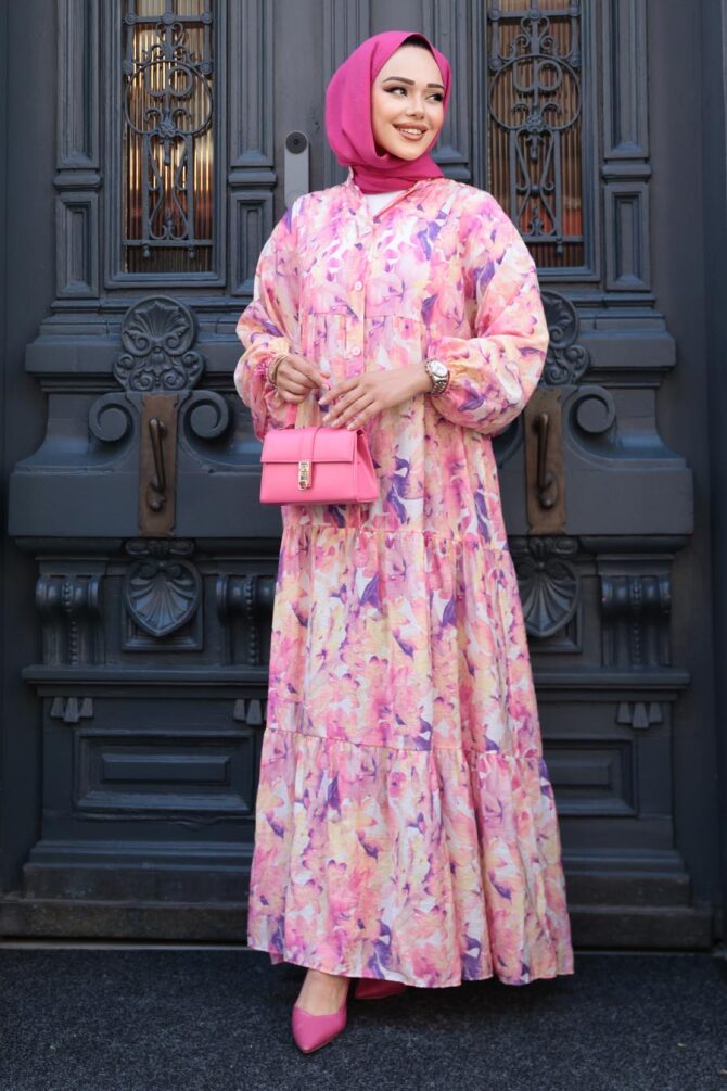 Desenli Pembe Tesettür Elbise 710507P - 3