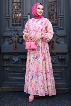 Desenli Pembe Tesettür Elbise 710507P - 3
