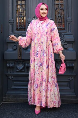 Desenli Pembe Tesettür Elbise 710507P - 1