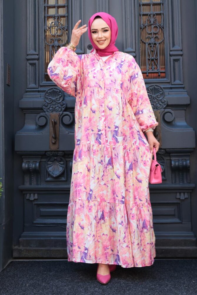 Desenli Pembe Tesettür Elbise 710507P - 4