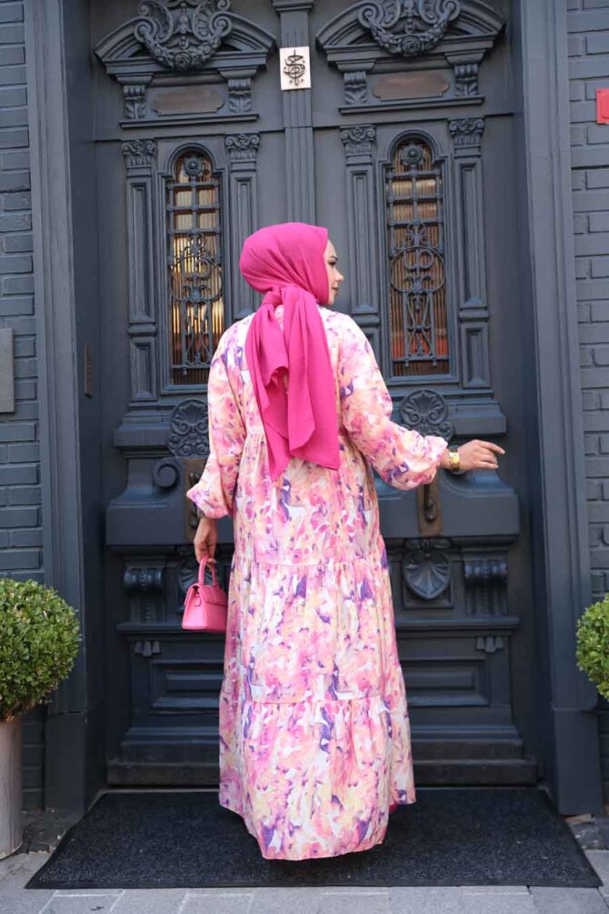 Desenli Pembe Tesettür Elbise 710507P - 5