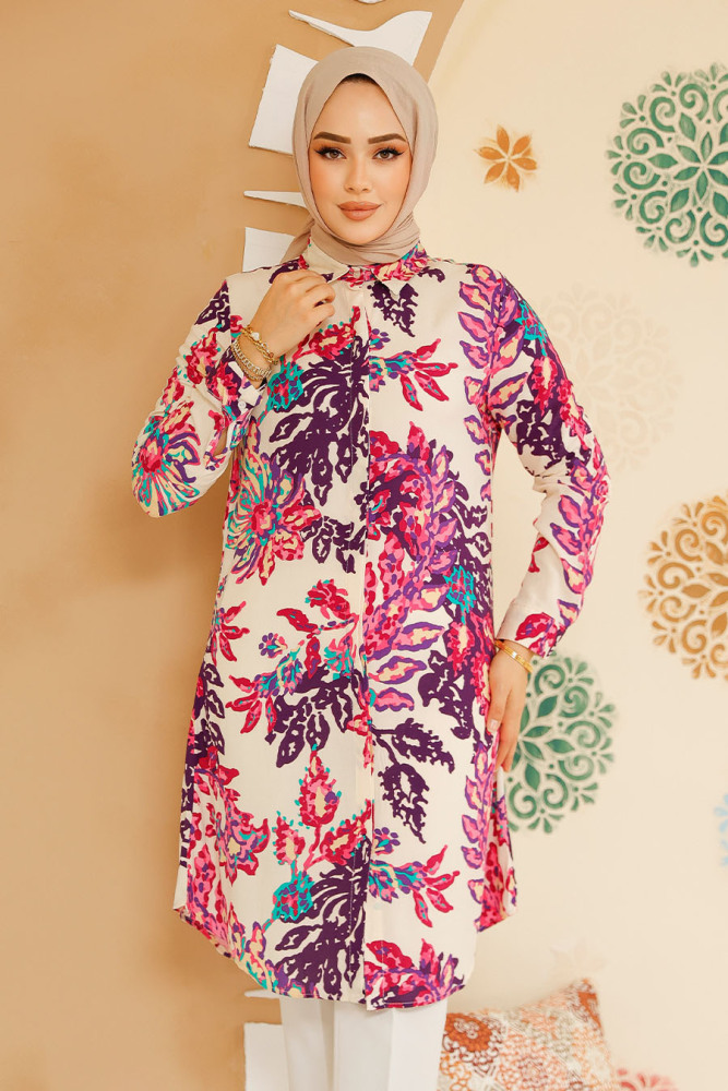 Desenli Pembe Tesettür Tunik 11713P - NEVA STYLE