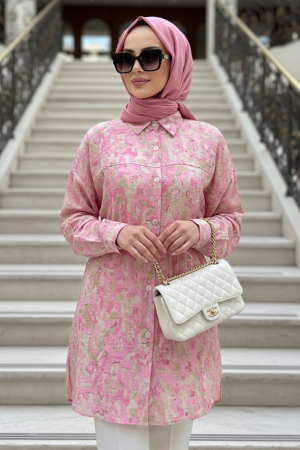 Desenli Pembe Tesettür Tunik 26603P - 1