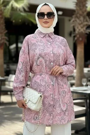 Desenli Pembe Tesettür Tunik 26609P 