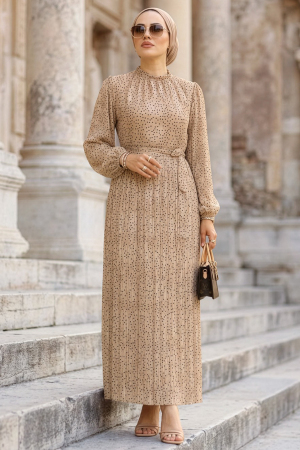 Desenli Pileli Vizon Tesettür Elbise 30303V - 1