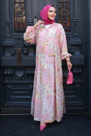 Desenli Pudra Tesettür Elbise 710503PD - 2