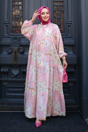 Desenli Pudra Tesettür Elbise 710503PD - 3