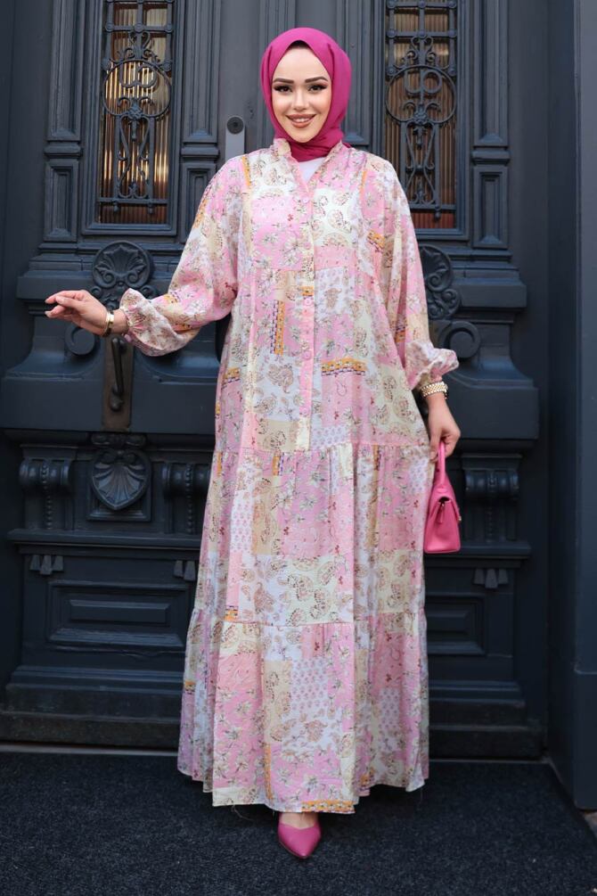 Desenli Pudra Tesettür Elbise 710503PD - 4