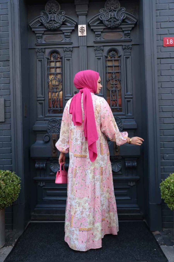 Desenli Pudra Tesettür Elbise 710503PD - 5